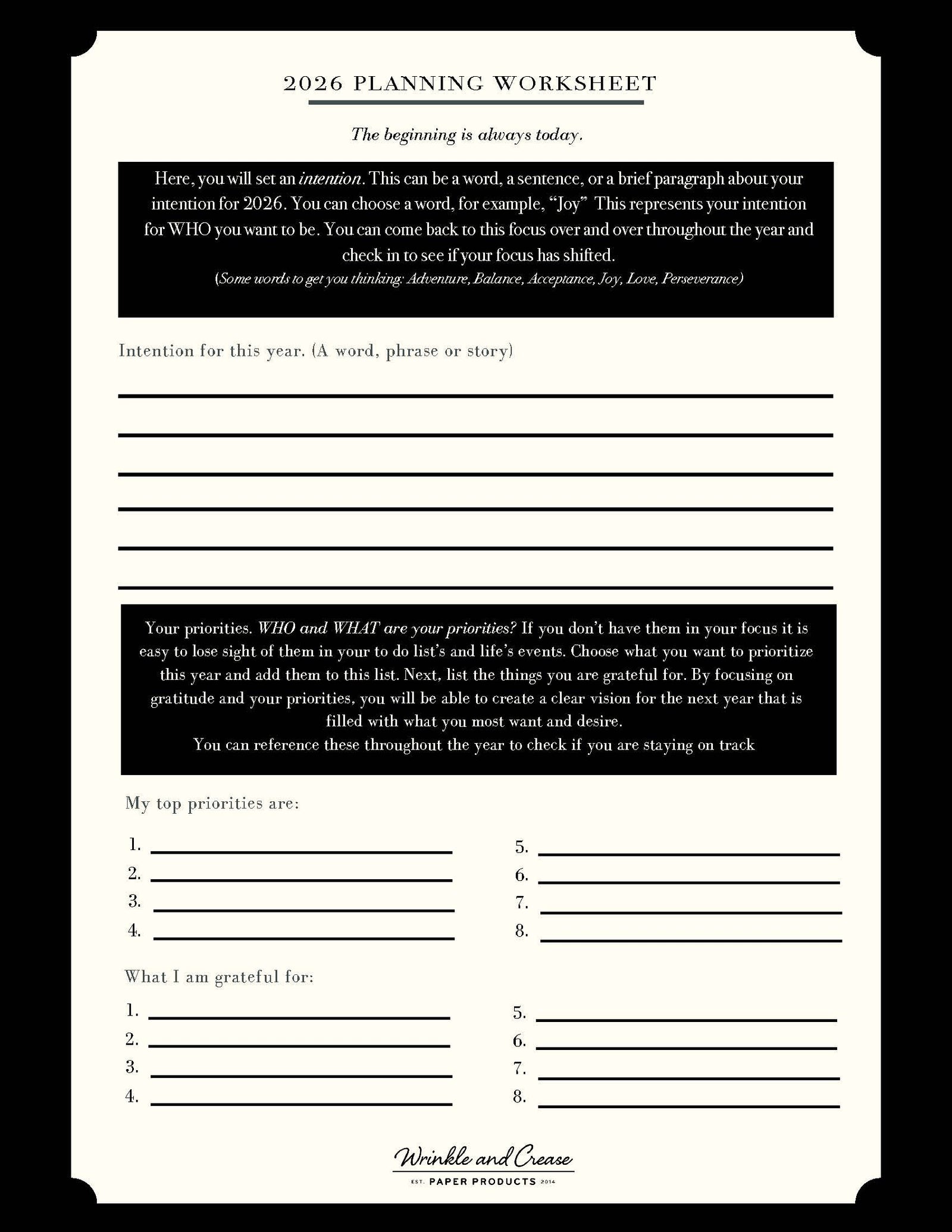 2026 Planning Worksheet