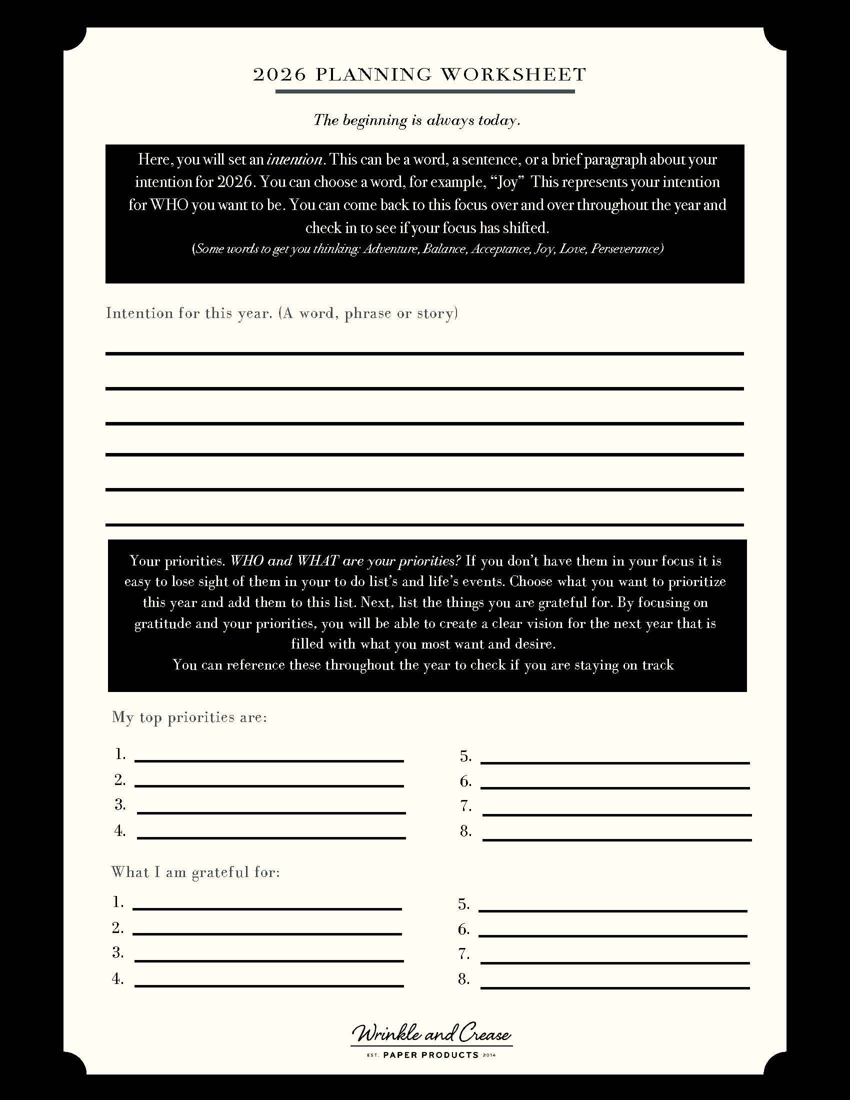 2026 Planning Worksheet